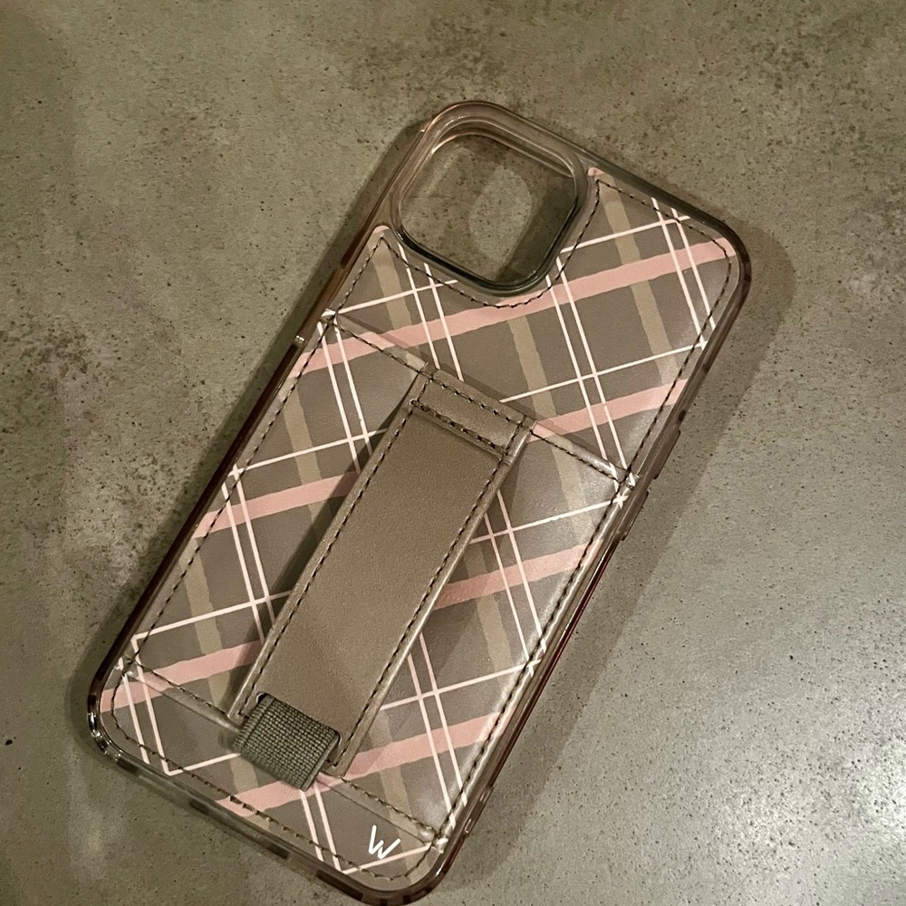 Stylish Plaid Phone Case with Stand - Gray and Pink